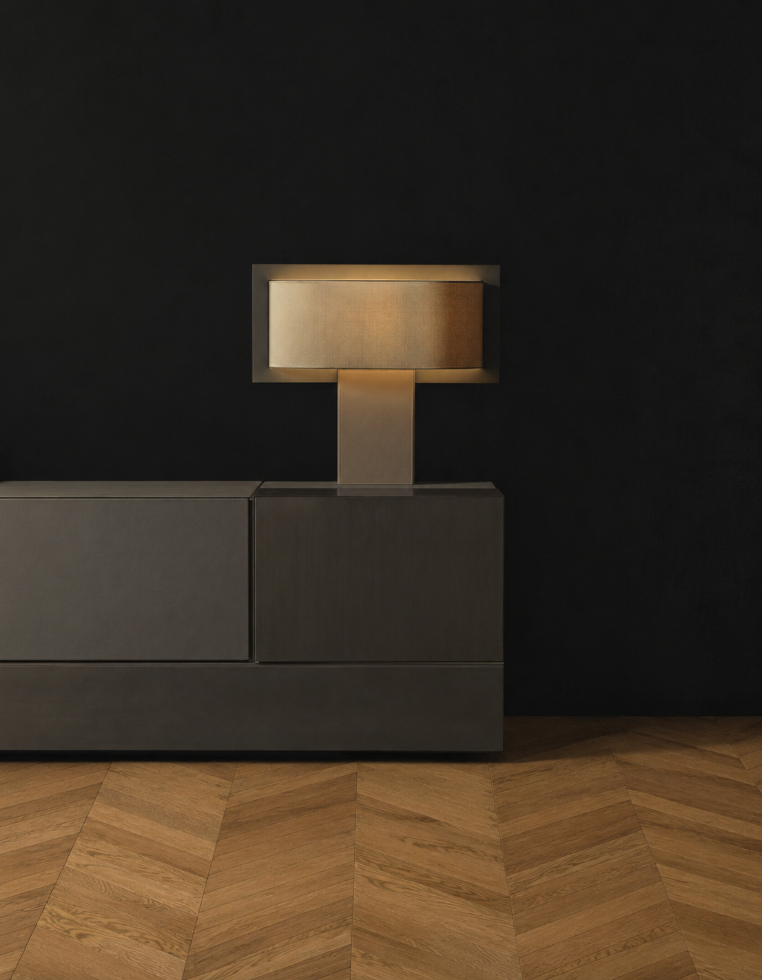 Chevron oak flooring in a dark bronze interior, VOGUE Parquet