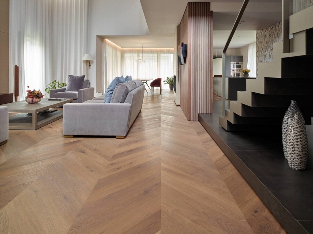 Chevron parquet flooring wide plank coastal Miami home