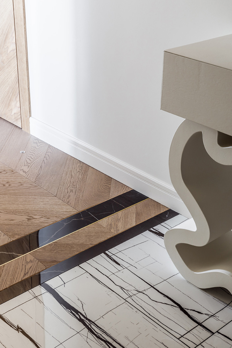 chevron flooring installation in a modern interior